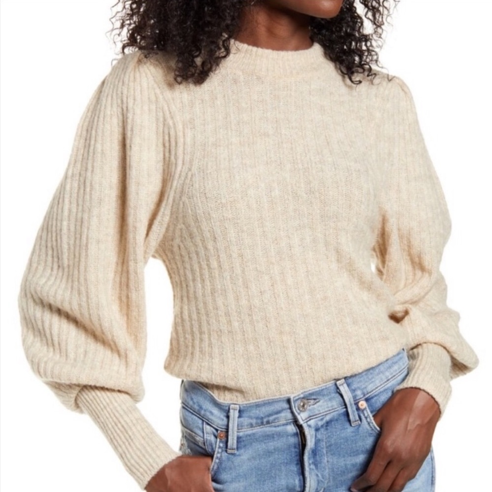 Leith Nude Ribbed Balloon Puff Sleeve Sweater